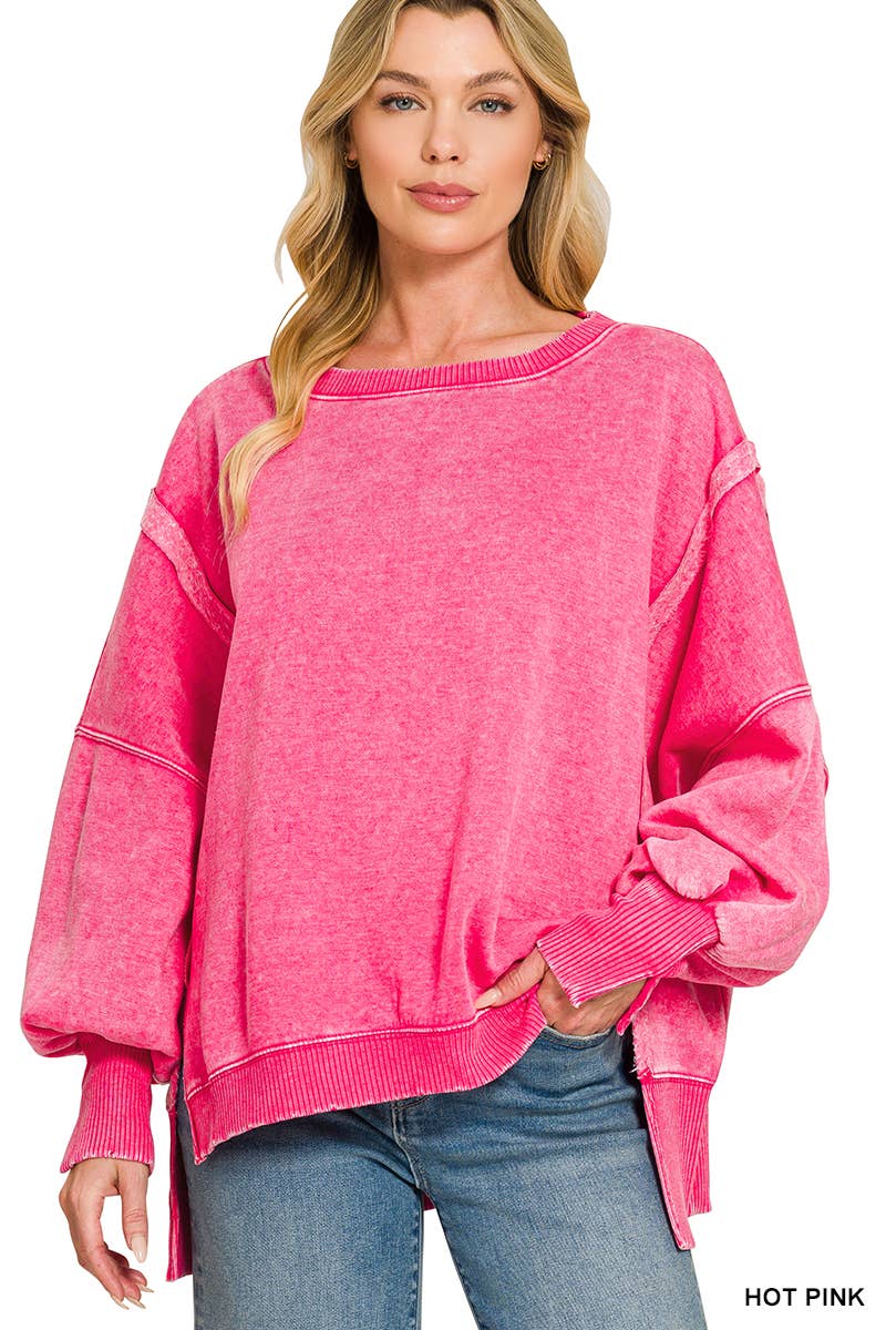 Acid Washed Hi Low Fleece Oversized Sweatshirt - Zenana