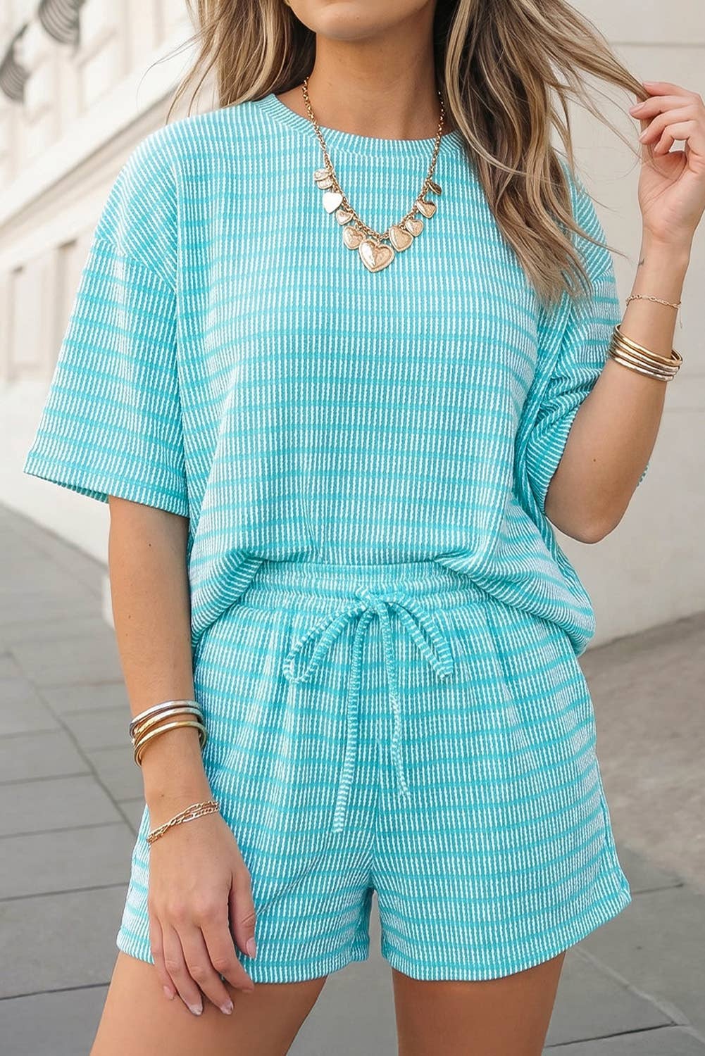 Stripe Rib Loose Tee Drawstring 2pcs Shorts Set | S-XL