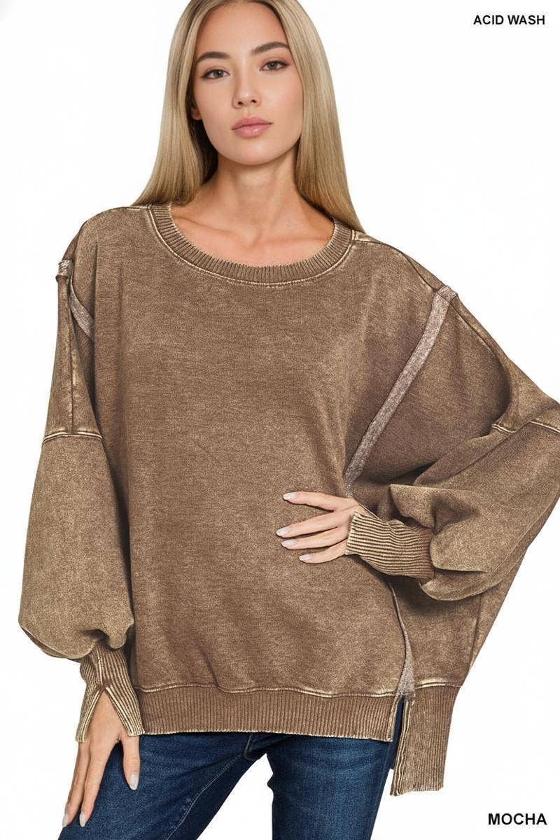 Acid Washed Hi Low Fleece Oversized Sweatshirt - Zenana