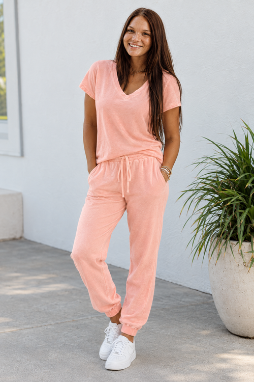 Apricot Pink V-Neck Set — Luxe & Linen Co. Fall Drop