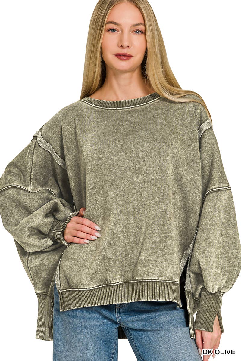 Acid Washed Hi Low Fleece Oversized Sweatshirt - Zenana