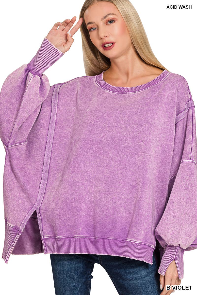 Acid Washed Hi Low Fleece Oversized Sweatshirt - Zenana