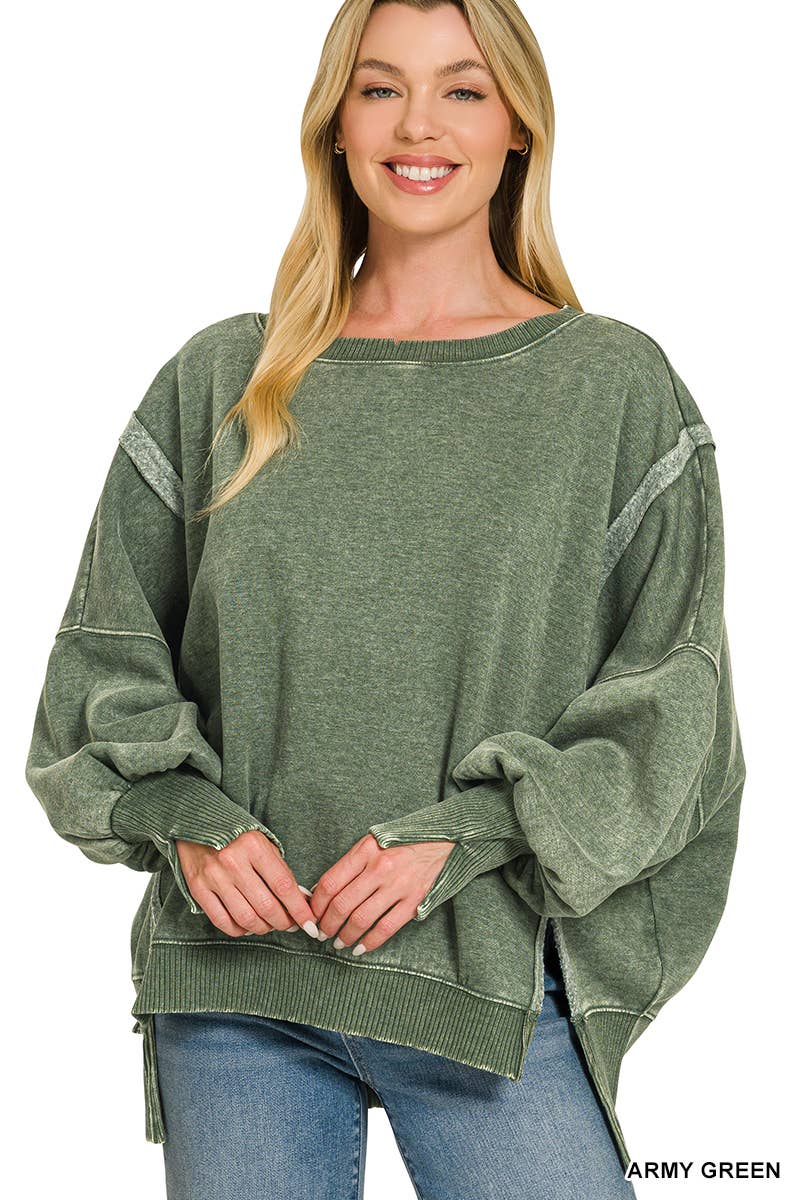 Acid Washed Hi Low Fleece Oversized Sweatshirt - Zenana