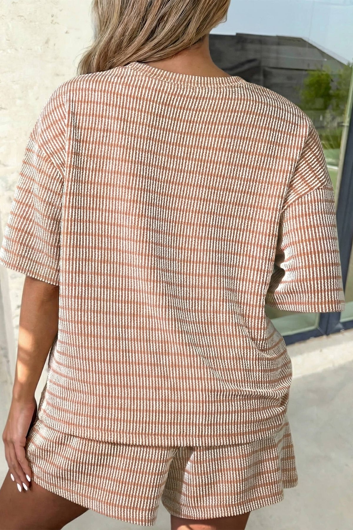 Stripe Rib Loose Tee Drawstring 2pcs Shorts Set | S-XL