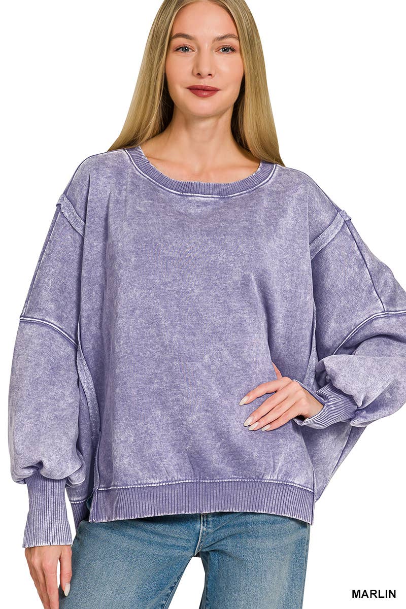 Acid Washed Hi Low Fleece Oversized Sweatshirt - Zenana