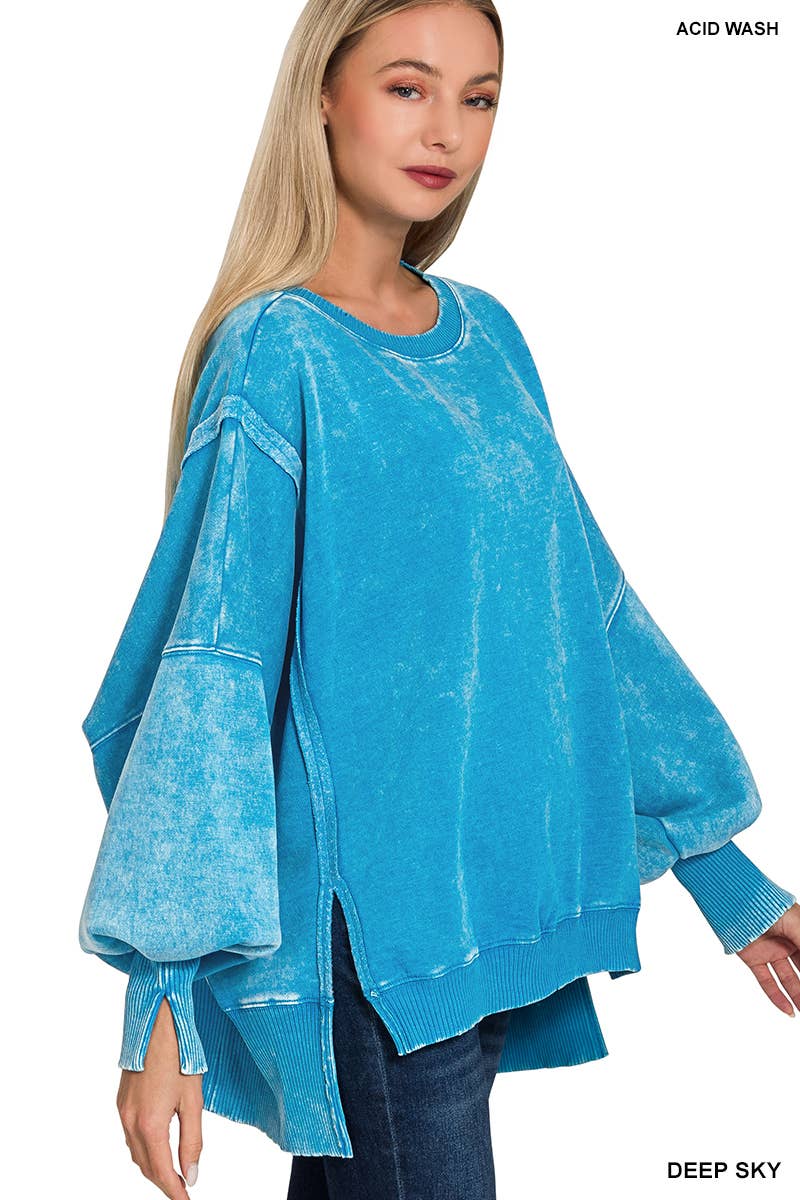 Acid Washed Hi Low Fleece Oversized Sweatshirt - Zenana