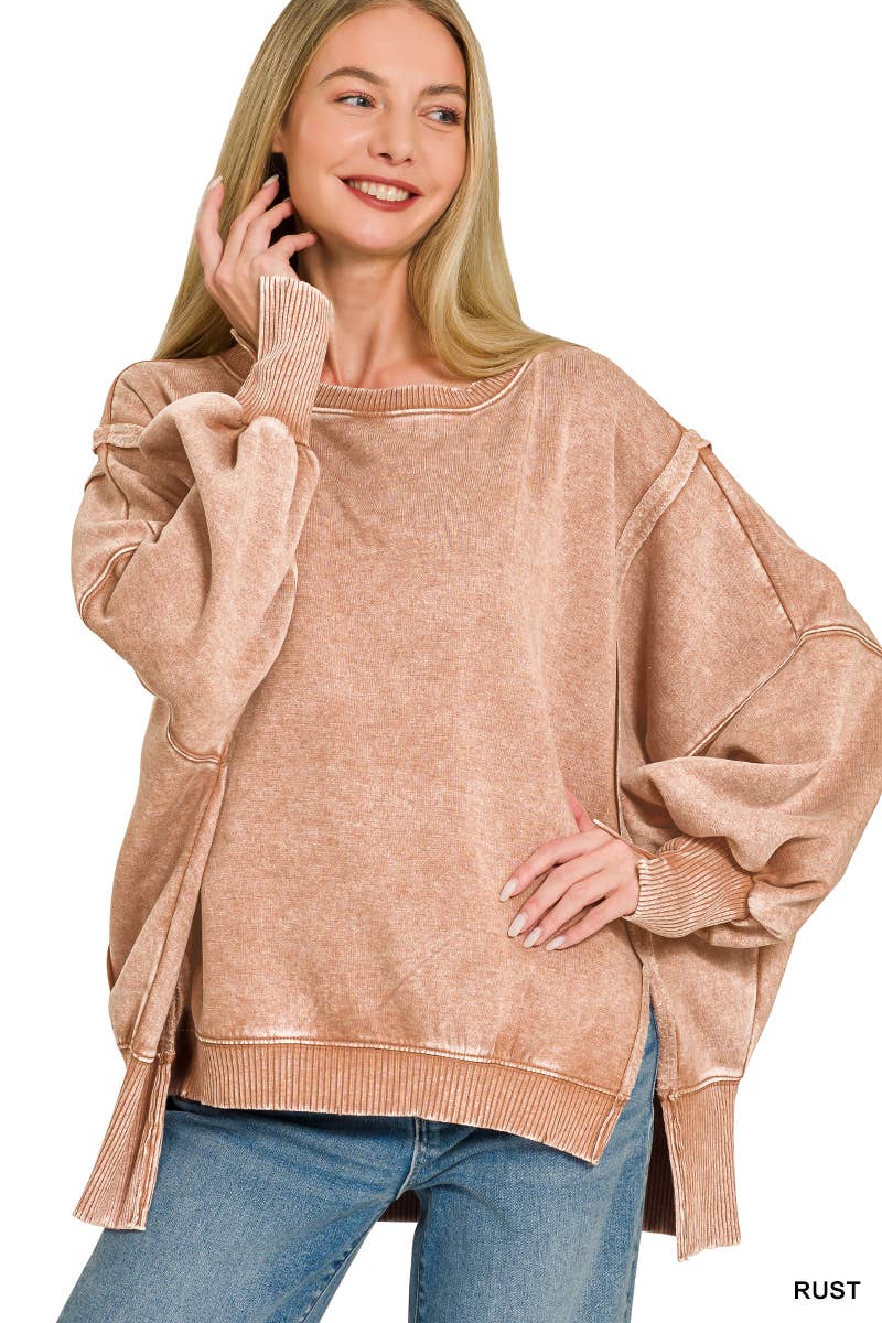 Acid Washed Hi Low Fleece Oversized Sweatshirt - Zenana