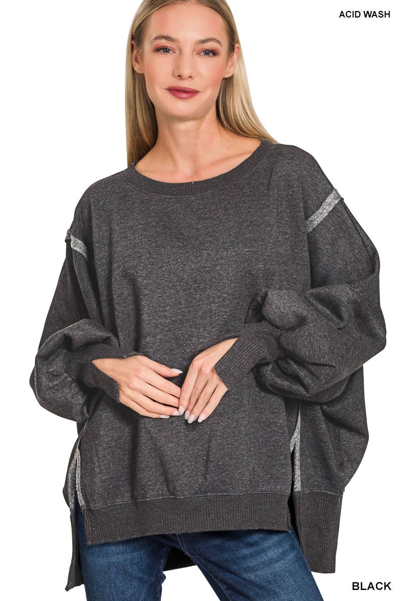 Acid Washed Hi Low Fleece Oversized Sweatshirt - Zenana