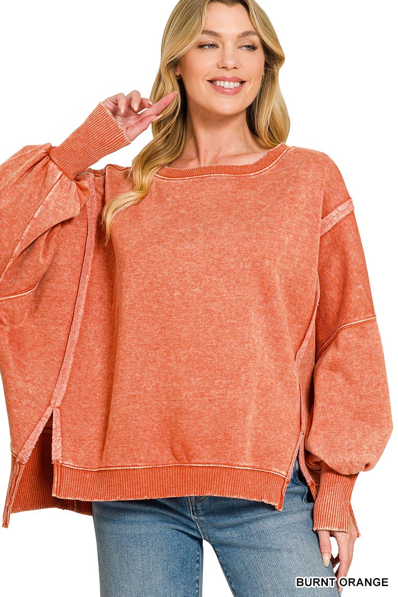 Acid Washed Hi Low Fleece Oversized Sweatshirt - Zenana