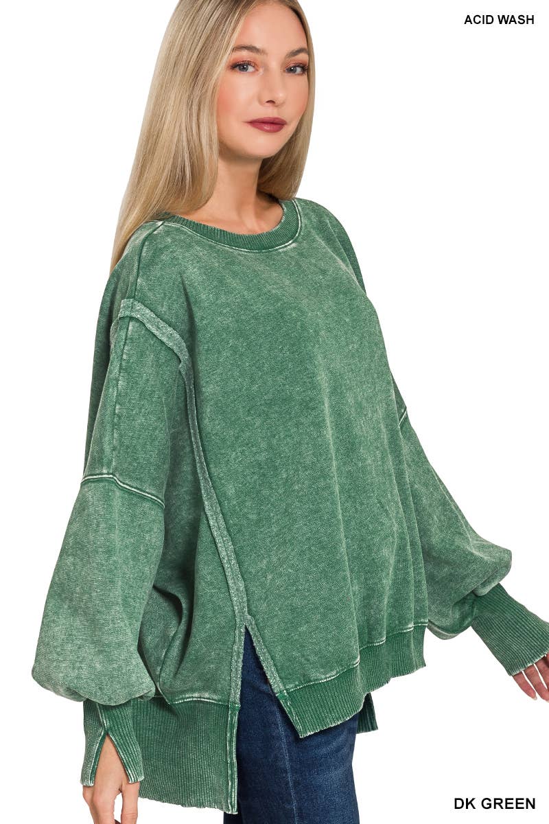 Acid Washed Hi Low Fleece Oversized Sweatshirt - Zenana
