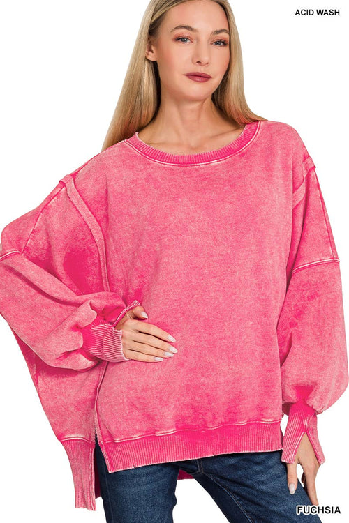 Acid Washed Hi Low Fleece Oversized Sweatshirt - Zenana