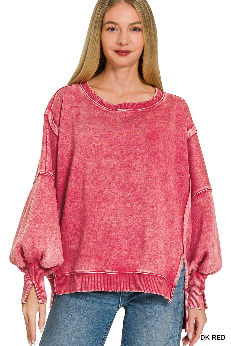 Acid Washed Hi Low Fleece Oversized Sweatshirt - Zenana