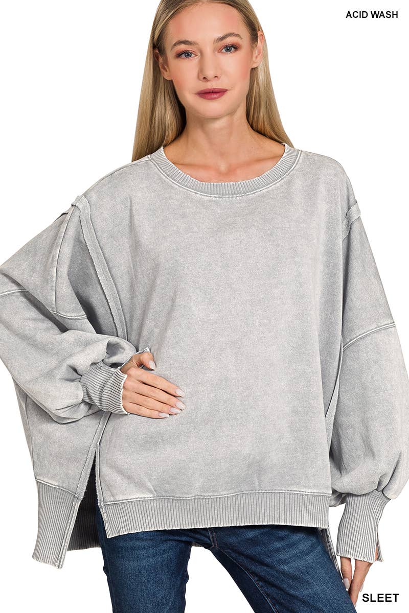 Acid Washed Hi Low Fleece Oversized Sweatshirt - Zenana
