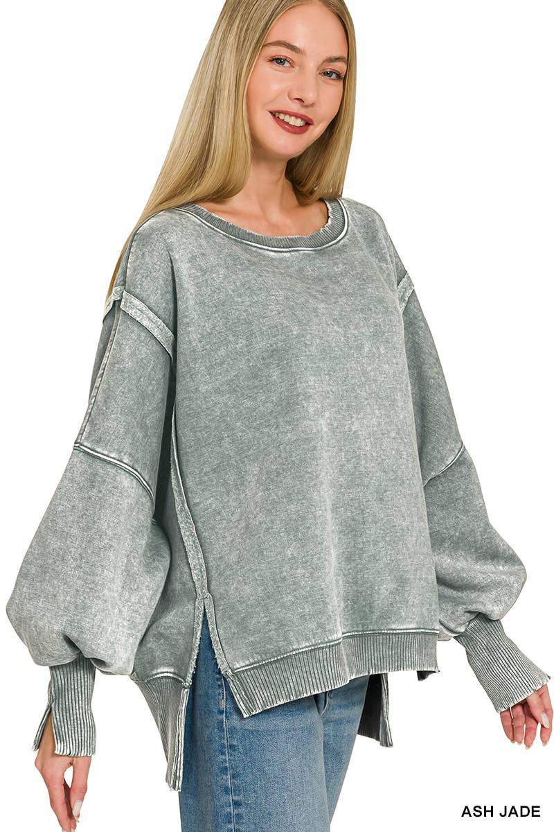 Acid Washed Hi Low Fleece Oversized Sweatshirt - Zenana
