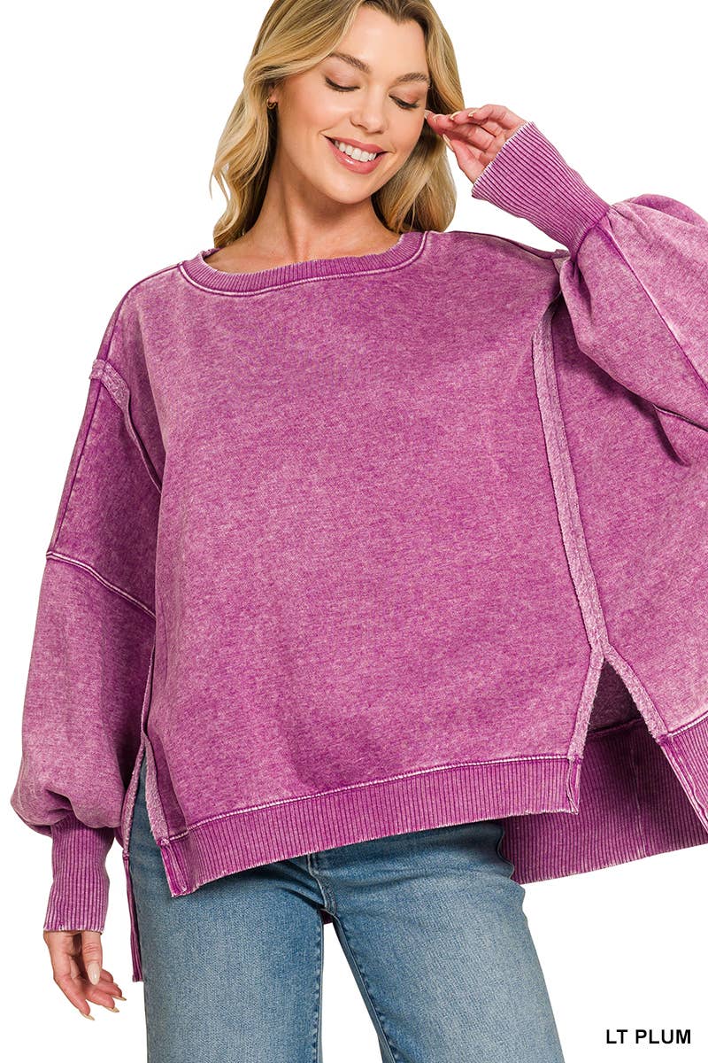 Acid Washed Hi Low Fleece Oversized Sweatshirt - Zenana