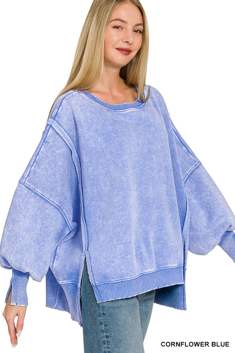 Acid Washed Hi Low Fleece Oversized Sweatshirt - Zenana
