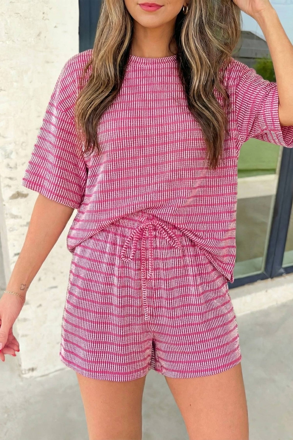 Stripe Rib Loose Tee Drawstring 2pcs Shorts Set | S-XL