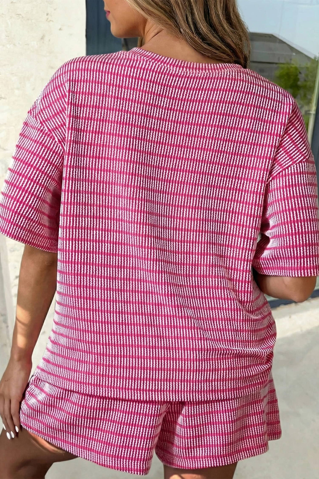 Stripe Rib Loose Tee Drawstring 2pcs Shorts Set | S-XL