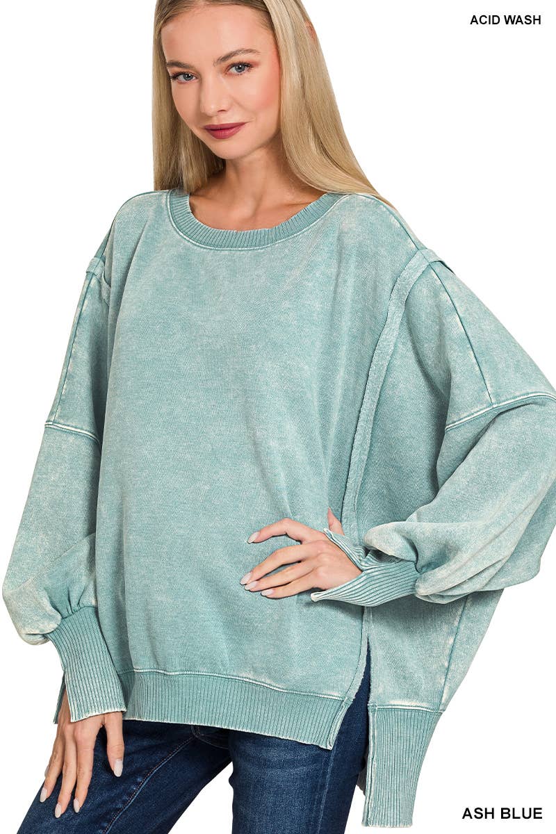 Acid Washed Hi Low Fleece Oversized Sweatshirt - Zenana