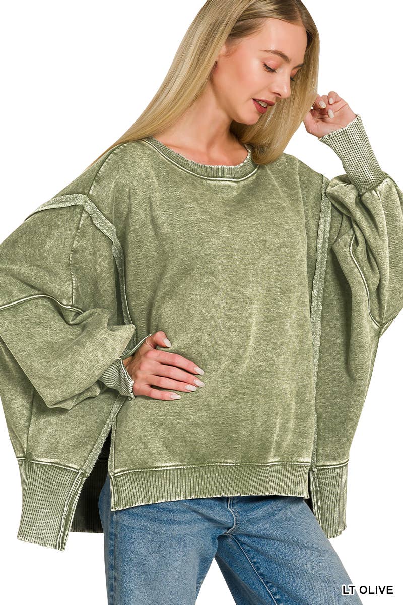 Acid Washed Hi Low Fleece Oversized Sweatshirt - Zenana