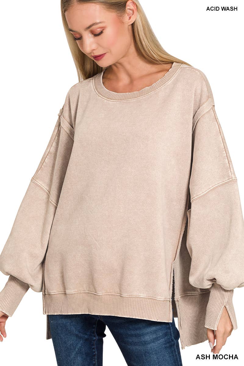 Acid Washed Hi Low Fleece Oversized Sweatshirt - Zenana