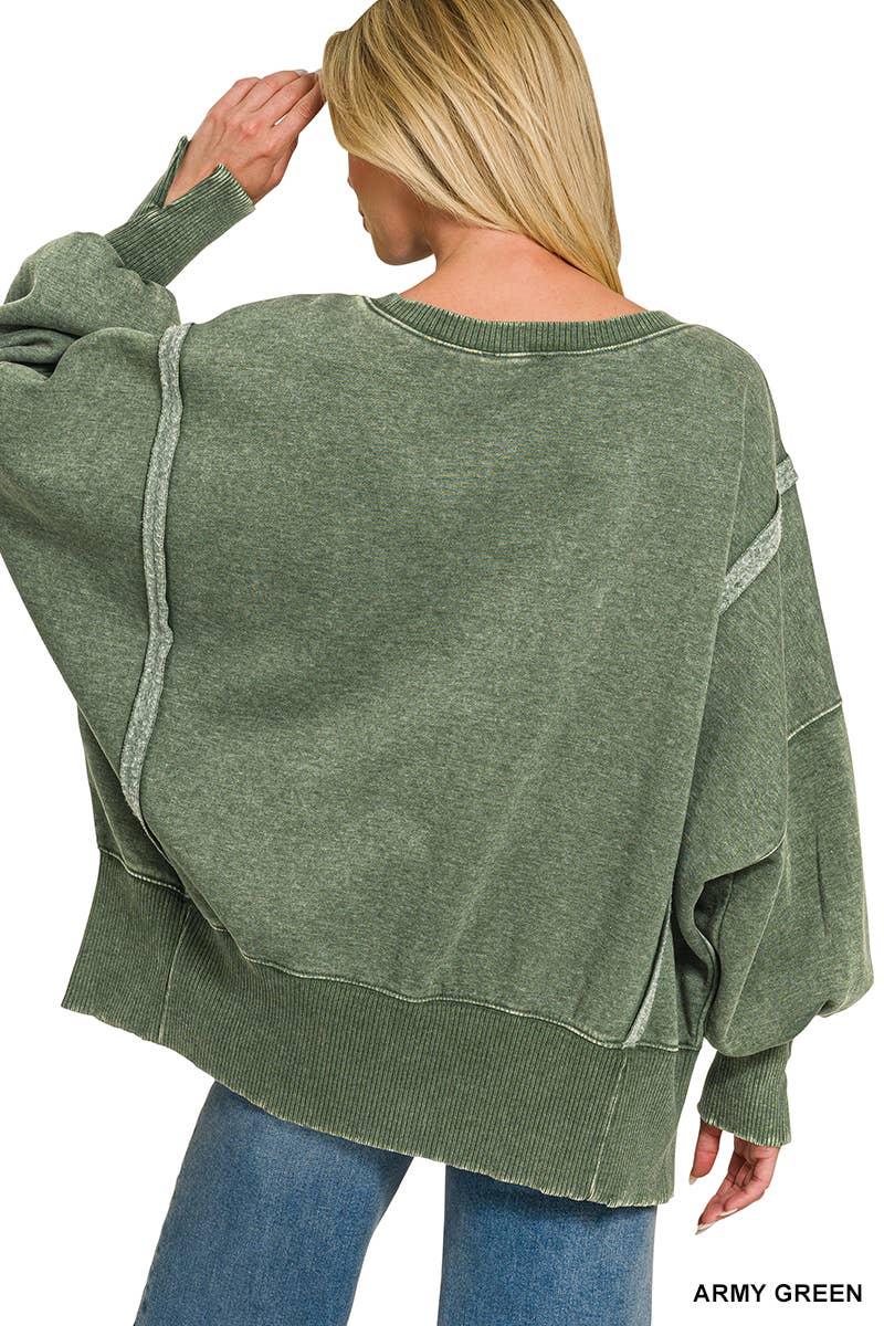 Acid Washed Hi Low Fleece Oversized Sweatshirt - Zenana