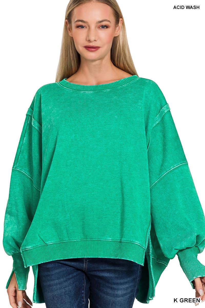 Acid Washed Hi Low Fleece Oversized Sweatshirt - Zenana