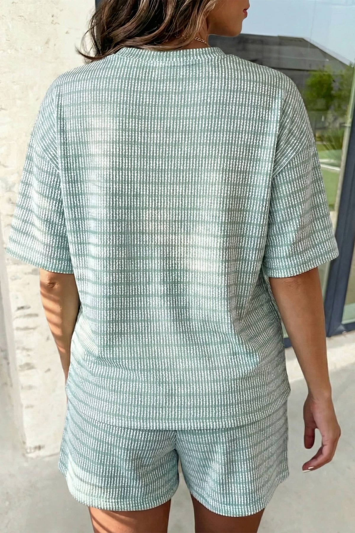 Stripe Rib Loose Tee Drawstring 2pcs Shorts Set | S-XL