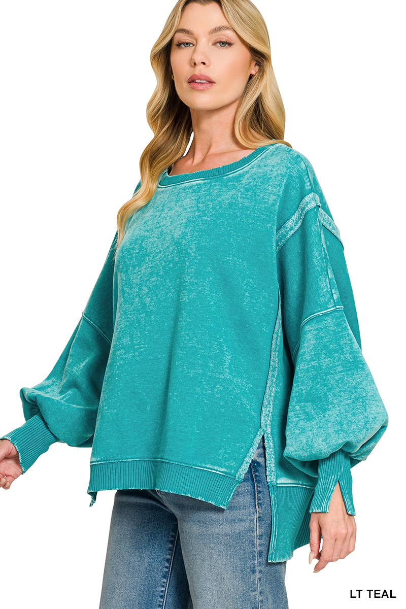 Acid Washed Hi Low Fleece Oversized Sweatshirt - Zenana