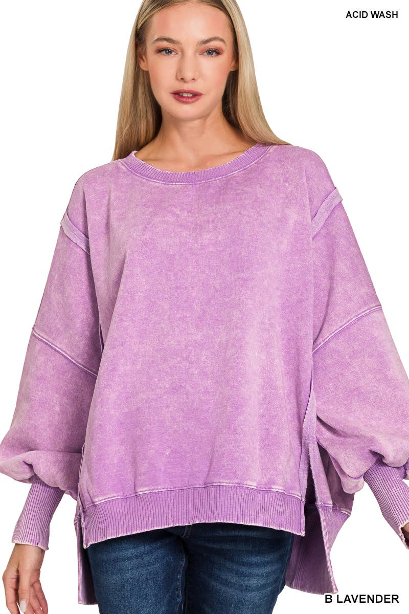 Acid Washed Hi Low Fleece Oversized Sweatshirt - Zenana