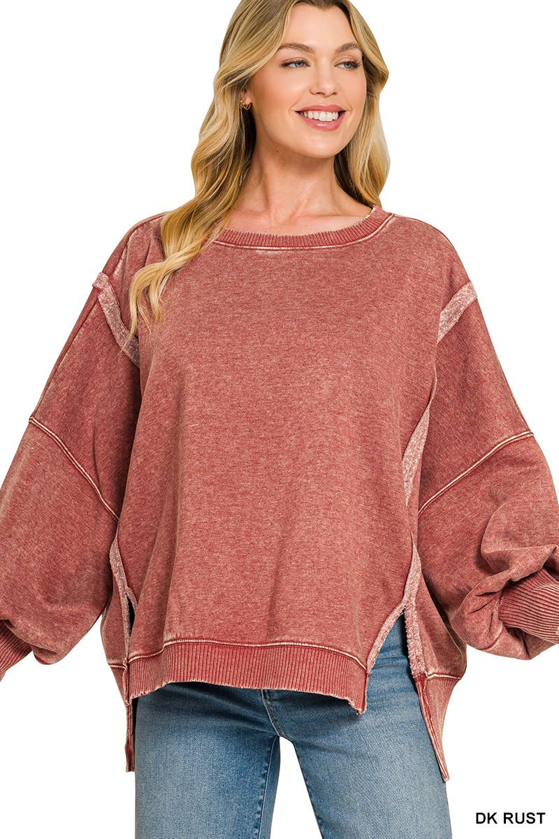 Acid Washed Hi Low Fleece Oversized Sweatshirt - Zenana