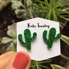 Green Sparkle Cactus Acrylic Stud Earrings For Women
