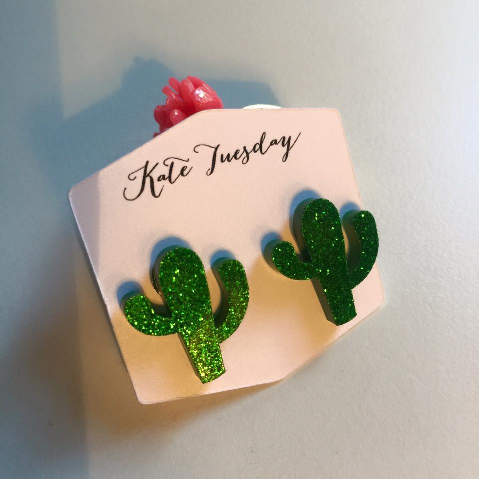 Green Sparkle Cactus Acrylic Stud Earrings For Women