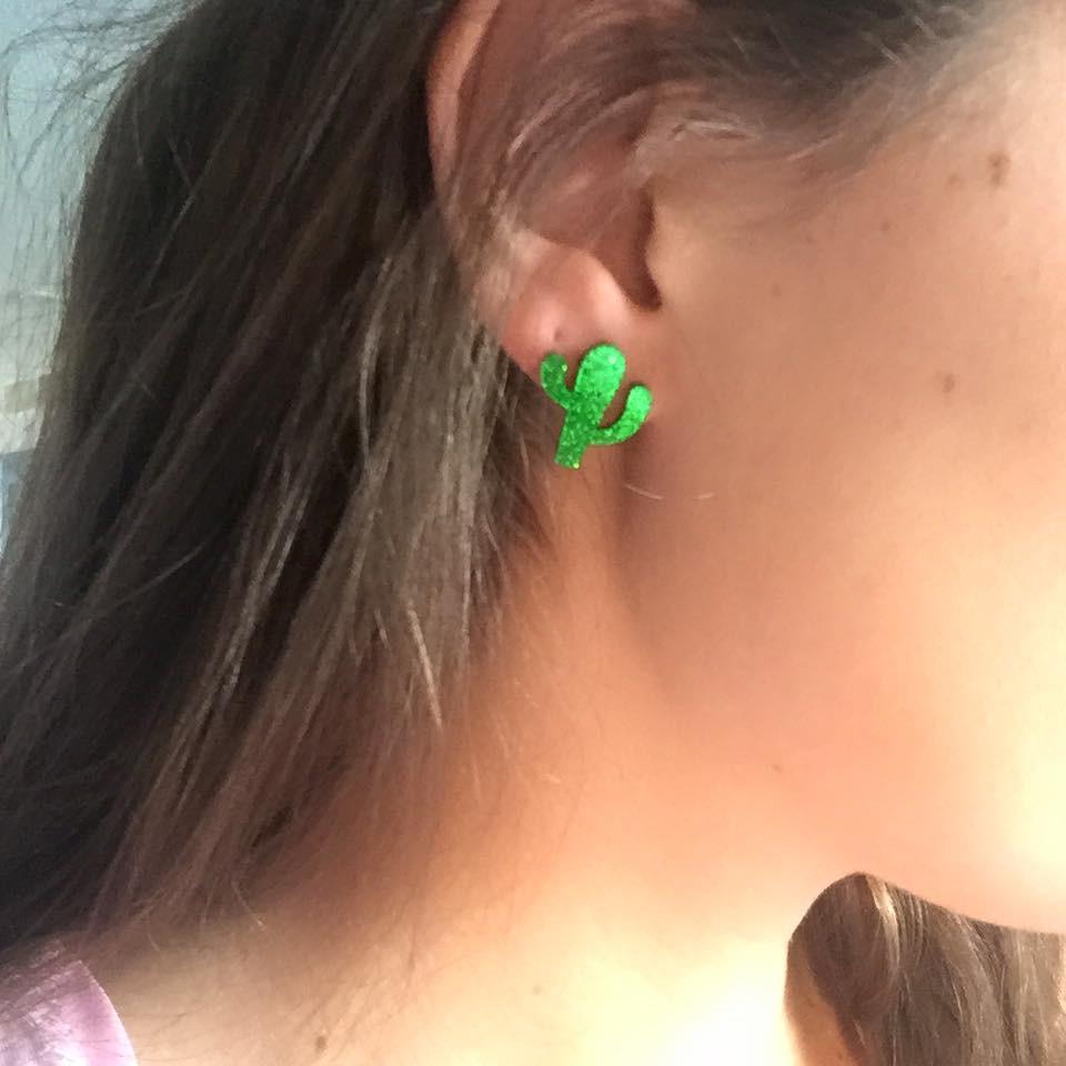 Green Sparkle Cactus Acrylic Stud Earrings For Women