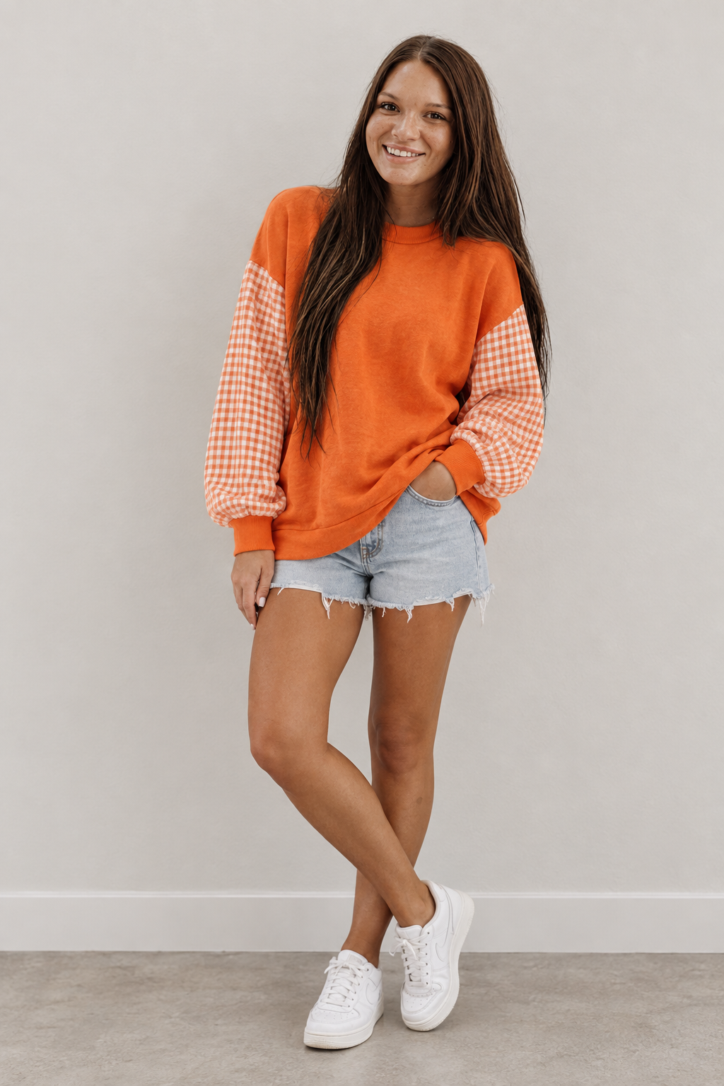 Russet Orange Plaid Sleeve Pullover — Luxe & Linen Co. Fall Drop